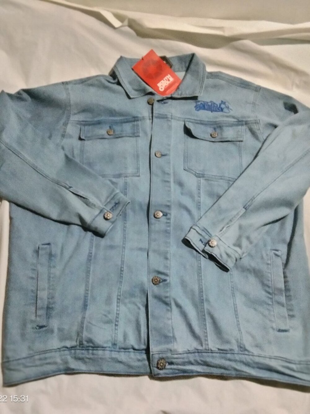 NWT Southpole Graffiti Character Denim Jacket Men's XL Light Blue Embroidered Y2